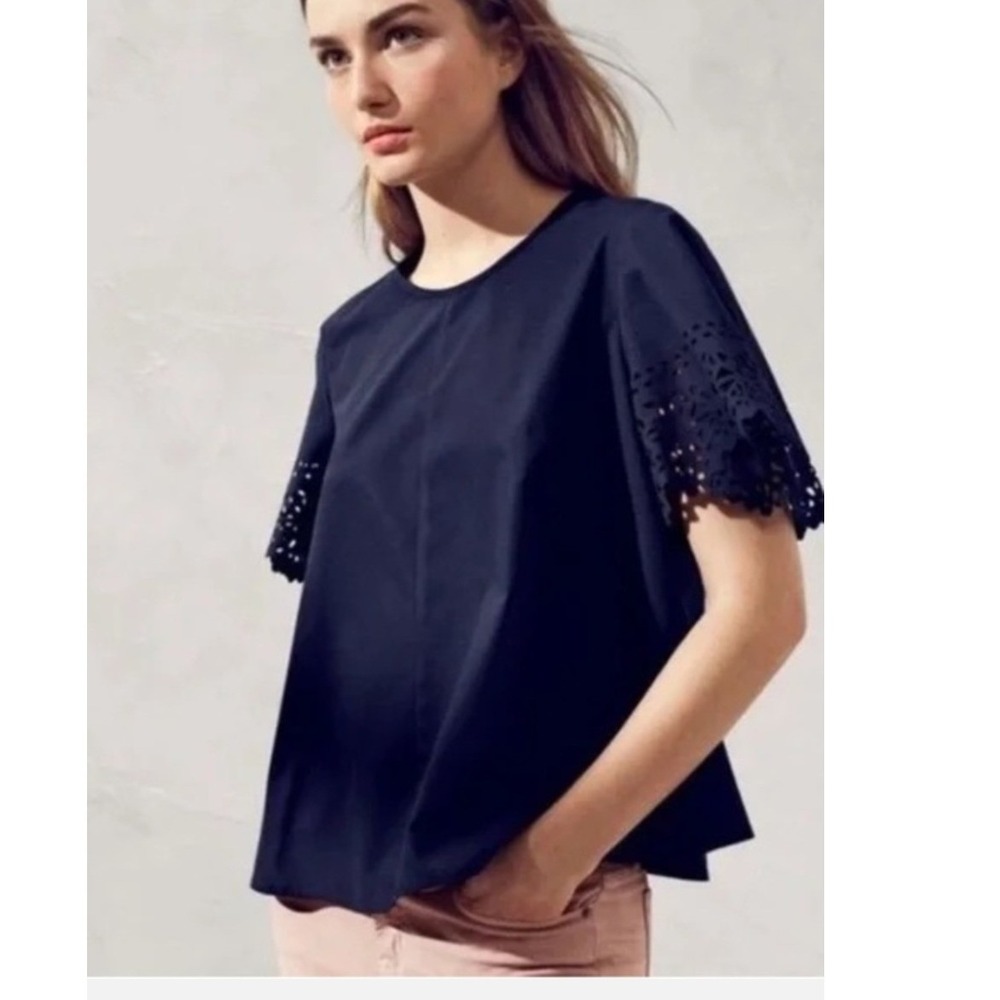 J.Crew Navy Blue Eyelet Scallop Short Sleeve Cotton Poplin Top Size 4 NWOT $88
